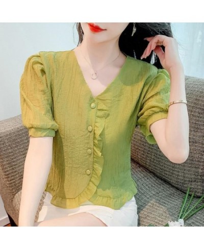 Elegant V-Neck Solid Color Spliced Ruffles Puff Sleeve Shirt Women's Clothing 2023 Spring Casual Tops All-match Sweet Blouse ...