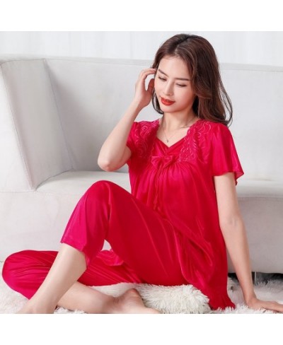 Nightshirt Female Summer Satin Silk Short-sleeved Trousers Suit Women Middle-aged Lace oversized M-5XL Pajamas Bedroom Set $3...
