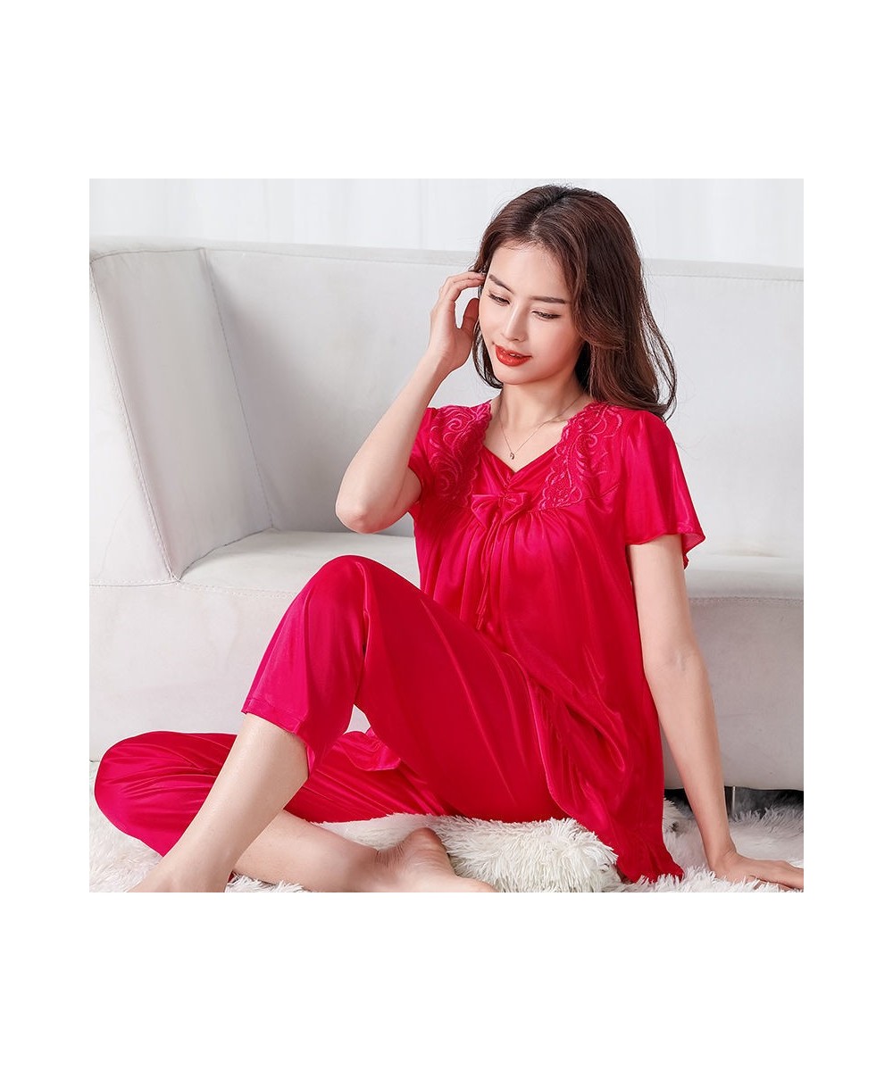 Nightshirt Female Summer Satin Silk Short-sleeved Trousers Suit Women Middle-aged Lace oversized M-5XL Pajamas Bedroom Set $3...