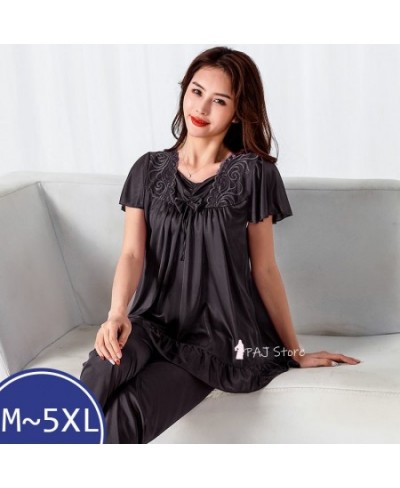 Nightshirt Female Summer Satin Silk Short-sleeved Trousers Suit Women Middle-aged Lace oversized M-5XL Pajamas Bedroom Set $3...