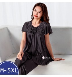 Nightshirt Female Summer Satin Silk Short-sleeved Trousers Suit Women Middle-aged Lace oversized M-5XL Pajamas Bedroom Set $3...