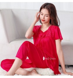 Nightshirt Female Summer Satin Silk Short-sleeved Trousers Suit Women Middle-aged Lace oversized M-5XL Pajamas Bedroom Set $3...