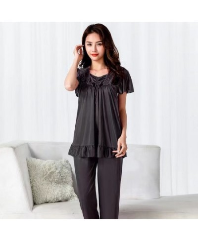 Nightshirt Female Summer Satin Silk Short-sleeved Trousers Suit Women Middle-aged Lace oversized M-5XL Pajamas Bedroom Set $3...