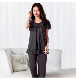 Nightshirt Female Summer Satin Silk Short-sleeved Trousers Suit Women Middle-aged Lace oversized M-5XL Pajamas Bedroom Set $3...