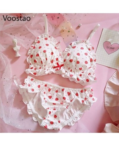 Sweet Lolita Style Women Cute Strawberry Print Bra Panties Lingerie Set Japanese Girl Kawaii Soft Underwear Panty Intimates $...