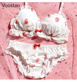 Sweet Lolita Style Women Cute Strawberry Print Bra Panties Lingerie Set Japanese Girl Kawaii Soft Underwear Panty Intimates $...