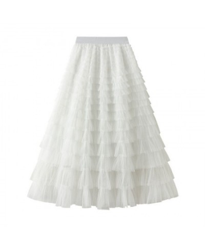 Sweet Multi-layer Mesh Cake Skirt Woman Elastic High Waist Fluffy Elegant A-line Midi Skirts Ruffle Casual Long Holiday Skirt...