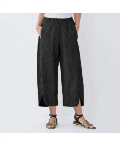 Casual Cotton Linen Wide Leg Pants Women Loose Comfort Elastic Waist Harem Pants Vintage Solid Summer Cropped Pants Trousers ...