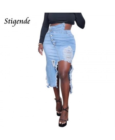 Stigende Women Sexy Irregular Denim Skirt Patchwork High Split Ripped Midi Skirt Hollow Out Button Shredded Jeans Skirt XXXL ...