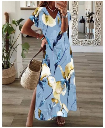 Summer Beach Maxi Dress for Women 2022 Vintage Loose Short Sleeve V-Neck Split Elegant Boho Floral Sexy Long Dresses Party Ro...