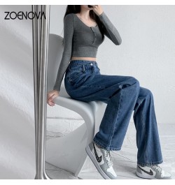 Korean Famale Y2K Fashion Retro Blue Jeans Women's Clothing High Waist Straight Denim Pants Loose Full Length Trousers $48.45...