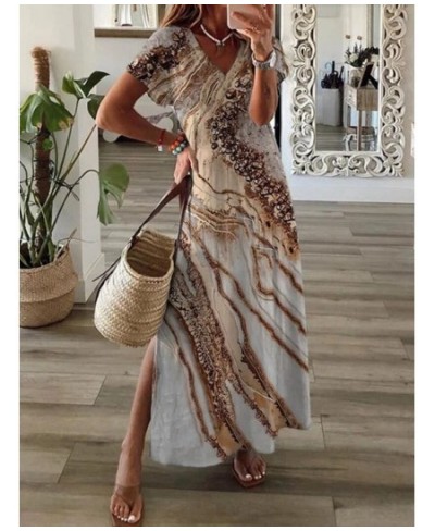 Summer Beach Maxi Dress for Women 2022 Vintage Loose Short Sleeve V-Neck Split Elegant Boho Floral Sexy Long Dresses Party Ro...