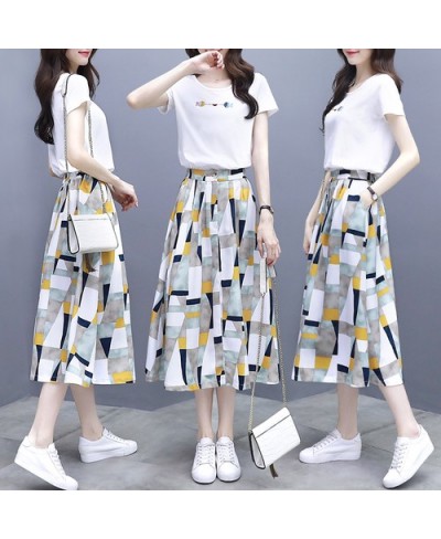 Women Fish Embroidery Tshirts Short Sleeve White Tops + Geometric Elastic Waist Long Skirt Suit Summer Female 2 Piece Set $39...