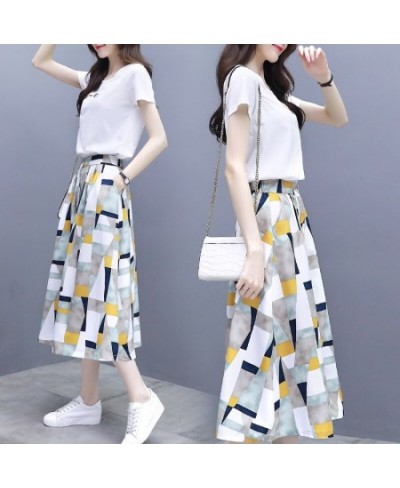 Women Fish Embroidery Tshirts Short Sleeve White Tops + Geometric Elastic Waist Long Skirt Suit Summer Female 2 Piece Set $39...