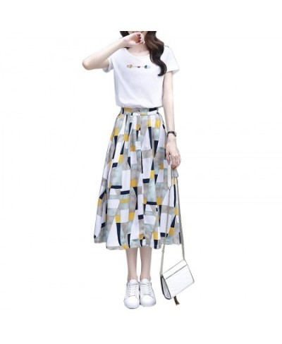 Women Fish Embroidery Tshirts Short Sleeve White Tops + Geometric Elastic Waist Long Skirt Suit Summer Female 2 Piece Set $39...