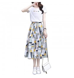 Women Fish Embroidery Tshirts Short Sleeve White Tops + Geometric Elastic Waist Long Skirt Suit Summer Female 2 Piece Set $39...