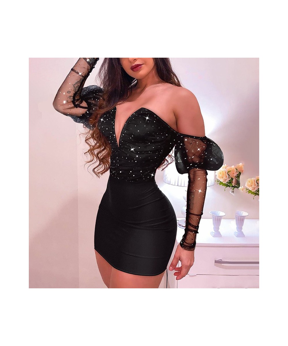 2022 Autumn Woman Fashion Gowns Strapless Glitter V-Cut Contrast Mesh Gigot Sleeve Bodycon Dress Black See Through Sexy Robes...