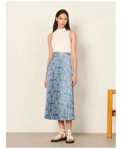 Pleated Women High Waist Midi Skirts Blue Printed Retro Spring Summer Female High Quality Jupe $101.14 - Bottoms