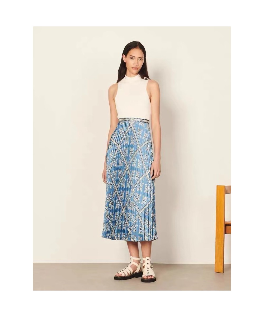 Pleated Women High Waist Midi Skirts Blue Printed Retro Spring Summer Female High Quality Jupe $101.14 - Bottoms