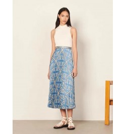 Pleated Women High Waist Midi Skirts Blue Printed Retro Spring Summer Female High Quality Jupe $101.14 - Bottoms