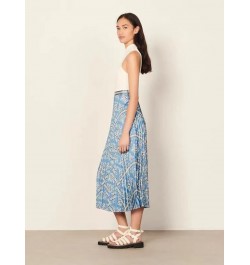 Pleated Women High Waist Midi Skirts Blue Printed Retro Spring Summer Female High Quality Jupe $101.14 - Bottoms