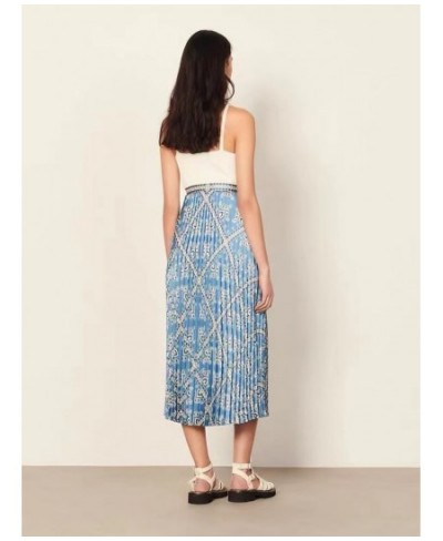 Pleated Women High Waist Midi Skirts Blue Printed Retro Spring Summer Female High Quality Jupe $101.14 - Bottoms