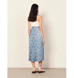 Pleated Women High Waist Midi Skirts Blue Printed Retro Spring Summer Female High Quality Jupe $101.14 - Bottoms