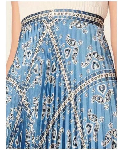 Pleated Women High Waist Midi Skirts Blue Printed Retro Spring Summer Female High Quality Jupe $101.14 - Bottoms