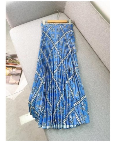 Pleated Women High Waist Midi Skirts Blue Printed Retro Spring Summer Female High Quality Jupe $101.14 - Bottoms