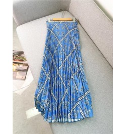 Pleated Women High Waist Midi Skirts Blue Printed Retro Spring Summer Female High Quality Jupe $101.14 - Bottoms