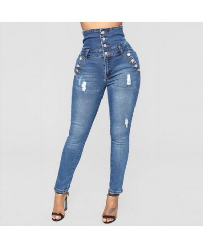 2023 New Plus Size Stretch Jeans Women Hole Denim High Waist Jeans Buttons Female Pant Slim Elastic Blue Skinny Pencil Pant $...