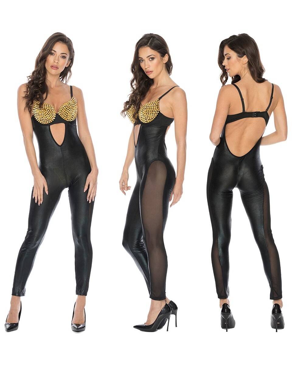 PU Faux Leather Jumpsuit Rompers Womens Rivet Bra Backless Skinny Pants Bodycon Clubwear Hollow Out Wetlook Catsuit Bodysuit ...