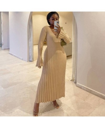 Elegant Maxi Dress V Neck Items Women Ribe Knitted Solid 2022 Autumn Winter Dresses Luxury Long Sleeve Fashion New $45.61 - D...