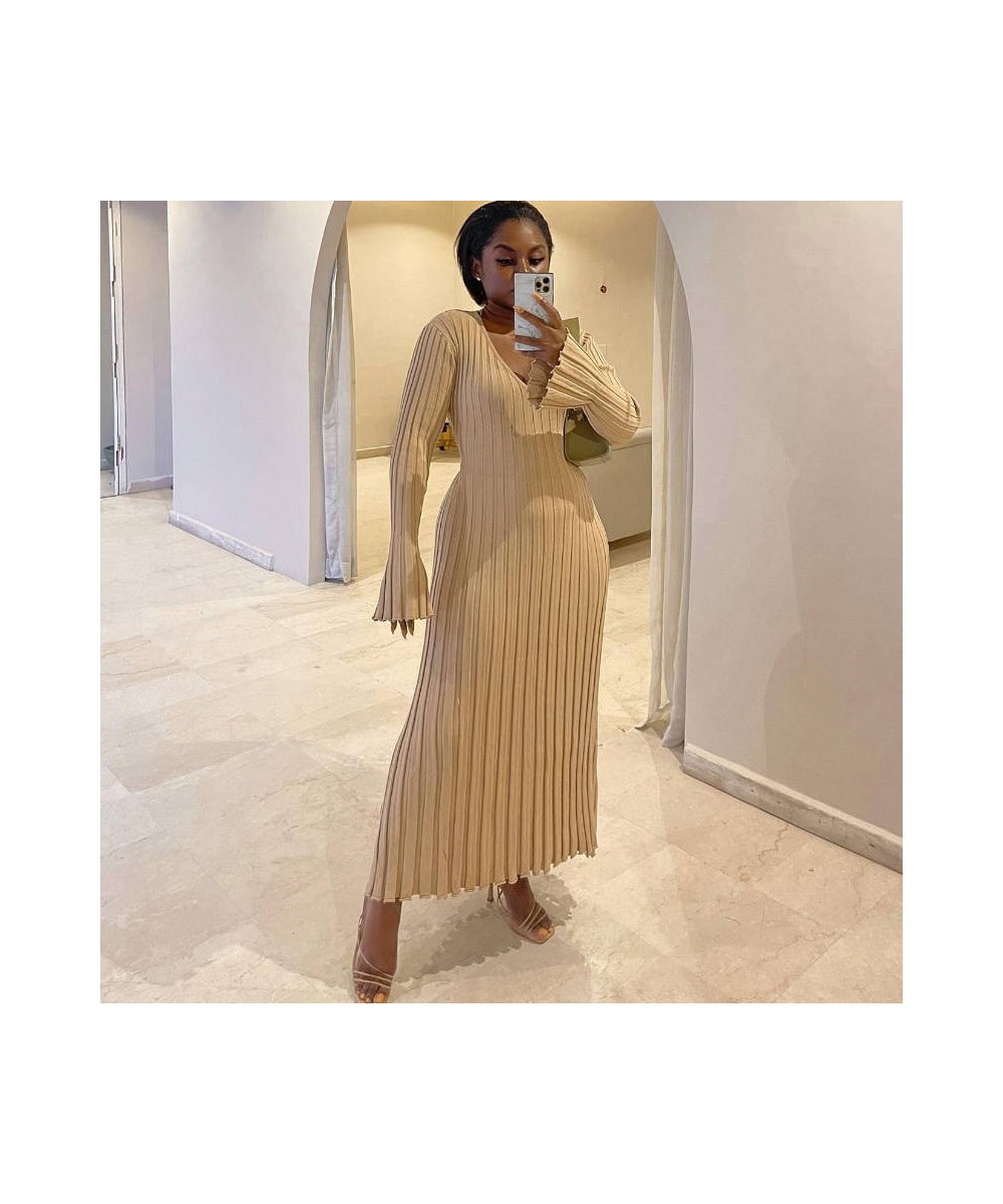 Elegant Maxi Dress V Neck Items Women Ribe Knitted Solid 2022 Autumn Winter Dresses Luxury Long Sleeve Fashion New $45.61 - D...