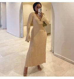 Elegant Maxi Dress V Neck Items Women Ribe Knitted Solid 2022 Autumn Winter Dresses Luxury Long Sleeve Fashion New $45.61 - D...