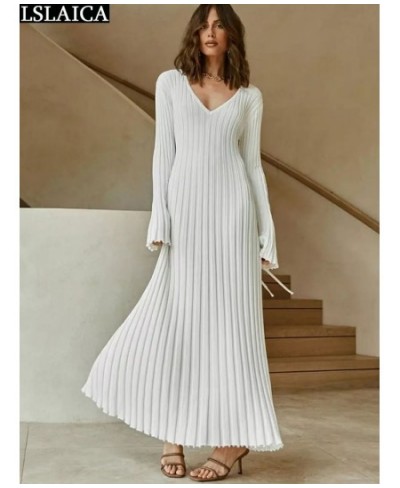 Elegant Maxi Dress V Neck Items Women Ribe Knitted Solid 2022 Autumn Winter Dresses Luxury Long Sleeve Fashion New $45.61 - D...