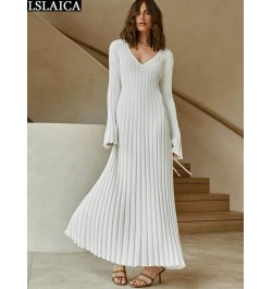 Elegant Maxi Dress V Neck Items Women Ribe Knitted Solid 2022 Autumn Winter Dresses Luxury Long Sleeve Fashion New $45.61 - D...