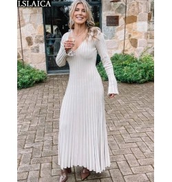 Elegant Maxi Dress V Neck Items Women Ribe Knitted Solid 2022 Autumn Winter Dresses Luxury Long Sleeve Fashion New $45.61 - D...