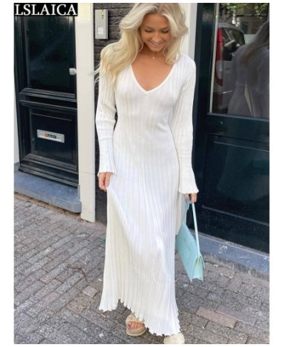 Elegant Maxi Dress V Neck Items Women Ribe Knitted Solid 2022 Autumn Winter Dresses Luxury Long Sleeve Fashion New $45.61 - D...