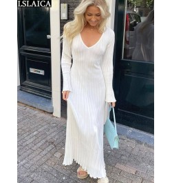 Elegant Maxi Dress V Neck Items Women Ribe Knitted Solid 2022 Autumn Winter Dresses Luxury Long Sleeve Fashion New $45.61 - D...