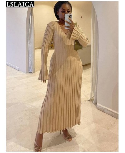 Elegant Maxi Dress V Neck Items Women Ribe Knitted Solid 2022 Autumn Winter Dresses Luxury Long Sleeve Fashion New $45.61 - D...