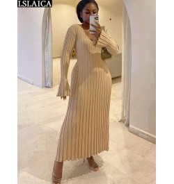 Elegant Maxi Dress V Neck Items Women Ribe Knitted Solid 2022 Autumn Winter Dresses Luxury Long Sleeve Fashion New $45.61 - D...