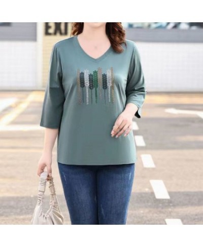 Casual Patchwork Pattern Hot Drill Three Quarter Sleeve T-Shirt Spring Summer Fashion V-Neck Loose Plus Size Pullover Women $...