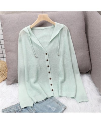 Long Sleeve Cardigan Women Summer Autumn Knitted Cardigan Korean Button Up Hooded Jacket Ice Silk Sweater Thin Sunscreen Tops...