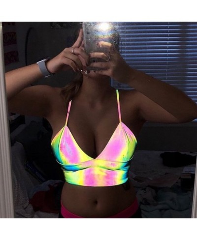 Sexy Holographic Bralette Crop Top Strap Reflective Fashion Camis Hot Summer Women V Neck Sleeveless Backless Tanks Tops shin...