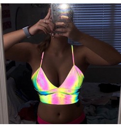 Sexy Holographic Bralette Crop Top Strap Reflective Fashion Camis Hot Summer Women V Neck Sleeveless Backless Tanks Tops shin...