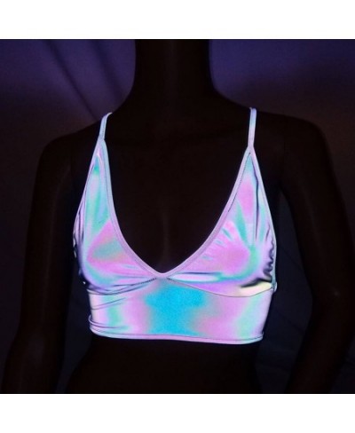 Sexy Holographic Bralette Crop Top Strap Reflective Fashion Camis Hot Summer Women V Neck Sleeveless Backless Tanks Tops shin...