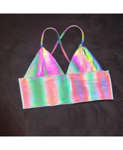 Sexy Holographic Bralette Crop Top Strap Reflective Fashion Camis Hot Summer Women V Neck Sleeveless Backless Tanks Tops shin...