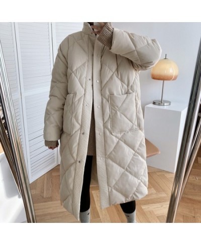 Winter Solid New Korean Style 2023 Long Down Coat Women's Fashion Stand Collar Argyle Pattern Oversized Parka Chic Jacket $84...