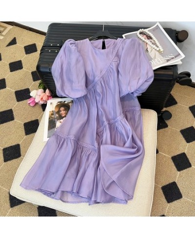 2023 Summer Women's Purple Short Bubble Sleeve Round Neck Elegant Dresses Spring Casual Loose Mini Dresses Ladies Clothing $5...